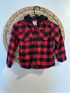 Levi's Kids Red & Black Plaid Hooded Flannel Button-Up
